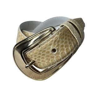 Vintage 80s Size Medium Beige Snakeskin Leather Belt Gold Buckle Classic